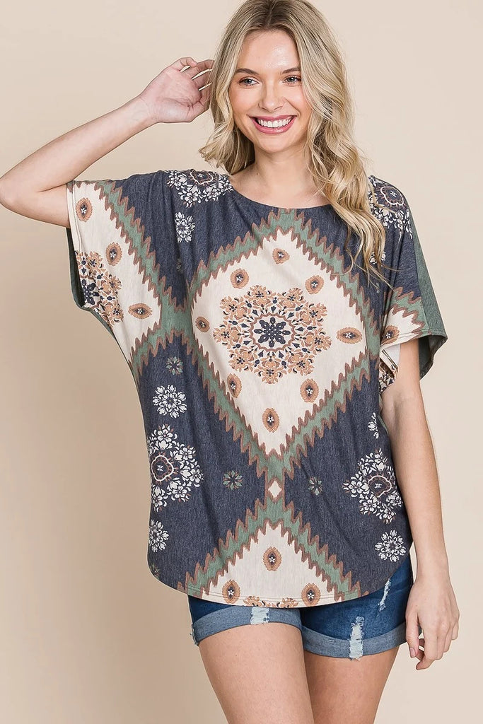 Floral Chevron Printed Off Shoulder Dolman Sleeves Top - The Hipster Exchange General Store and Trading Post