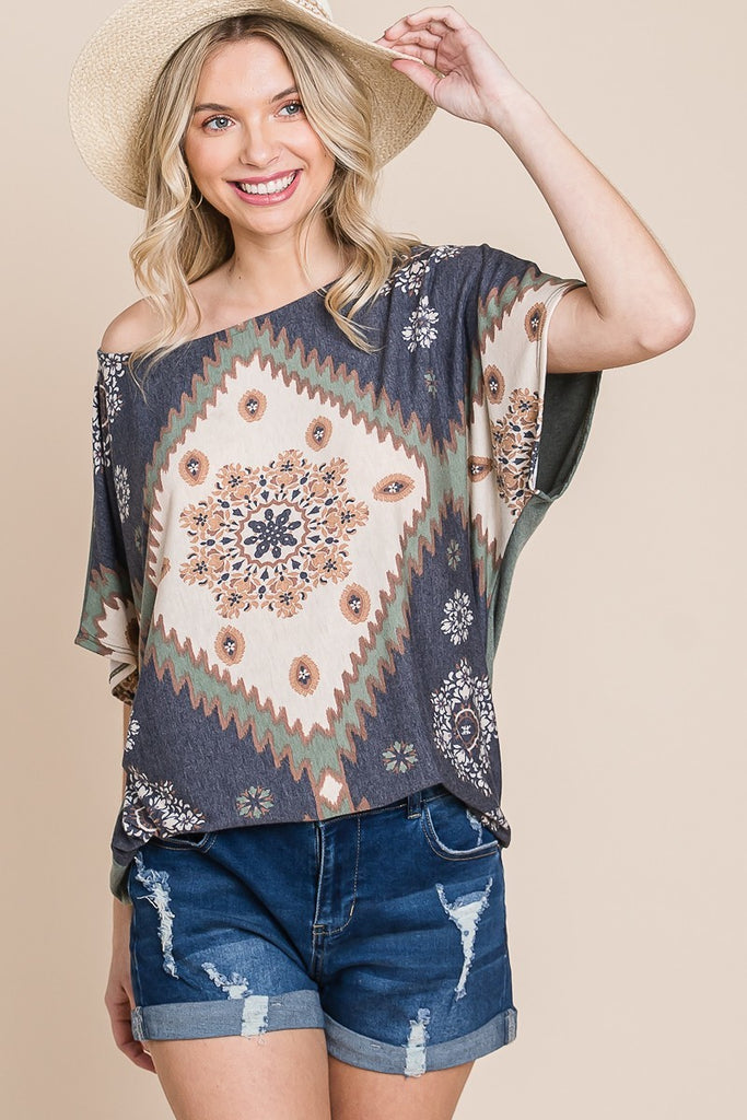 Floral Chevron Printed Off Shoulder Dolman Sleeves Top - The Hipster Exchange General Store and Trading Post