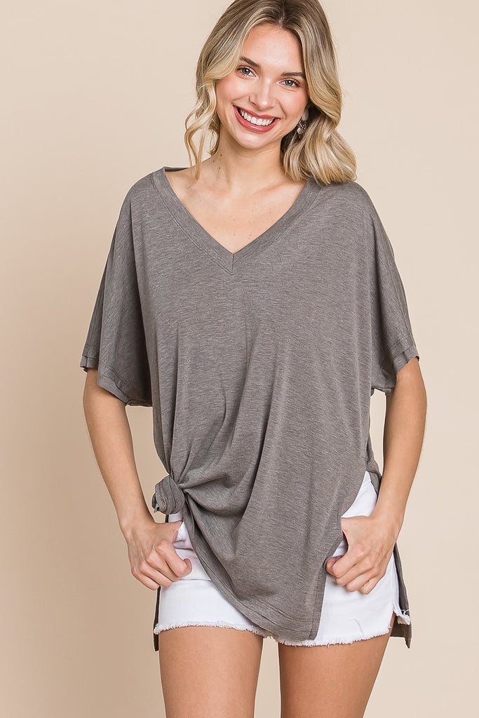 Solid V Neck Casual And Basic Top With Short Dolman Sleeves And Side Slit Hem - The Hipster Exchange General Store and Trading Post