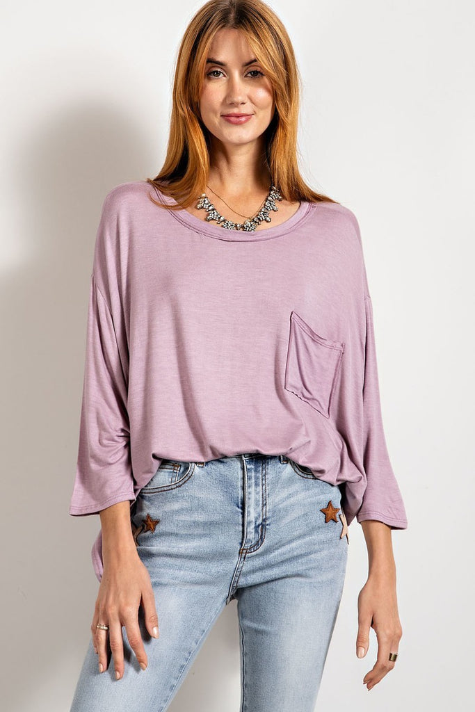 Rounded Neckline 3/4 Sleeves Washed Top - The Hipster Exchange General Store and Trading Post