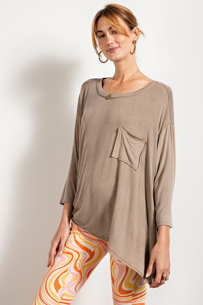 Rounded Neckline 3/4 Sleeves Washed Top - The Hipster Exchange General Store and Trading Post