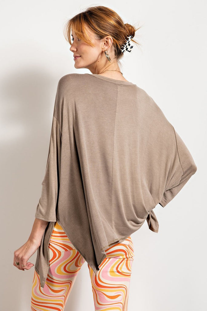 Rounded Neckline 3/4 Sleeves Washed Top - The Hipster Exchange General Store and Trading Post