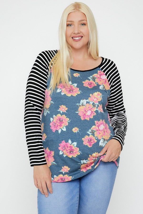 Floral Top Featuring Raglan Style Striped Sleeves And A Round Neck - The Hipster Exchange General Store and Trading Post
