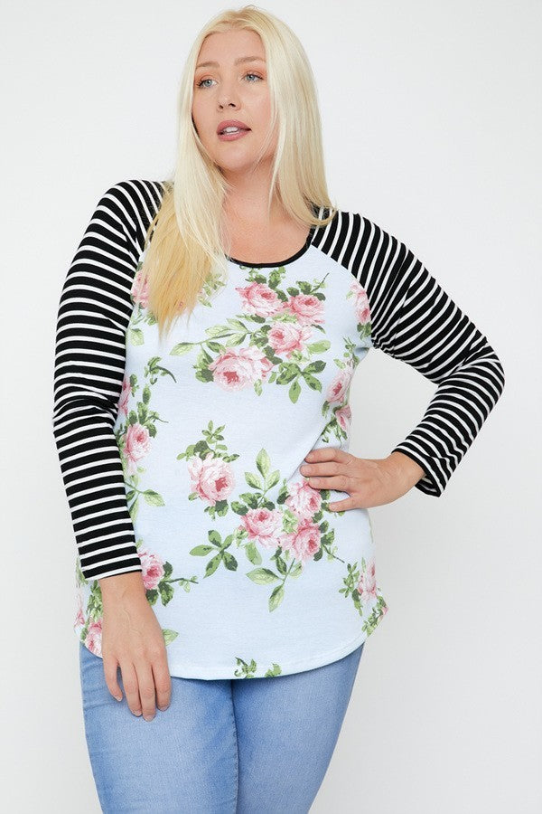 Floral Top Featuring Raglan Style Striped Sleeves And A Round Neck - The Hipster Exchange General Store and Trading Post