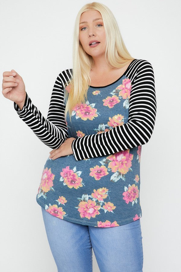 Floral Top Featuring Raglan Style Striped Sleeves And A Round Neck - The Hipster Exchange General Store and Trading Post