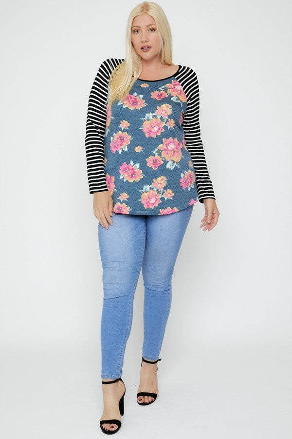 Floral Top Featuring Raglan Style Striped Sleeves And A Round Neck - The Hipster Exchange General Store and Trading Post