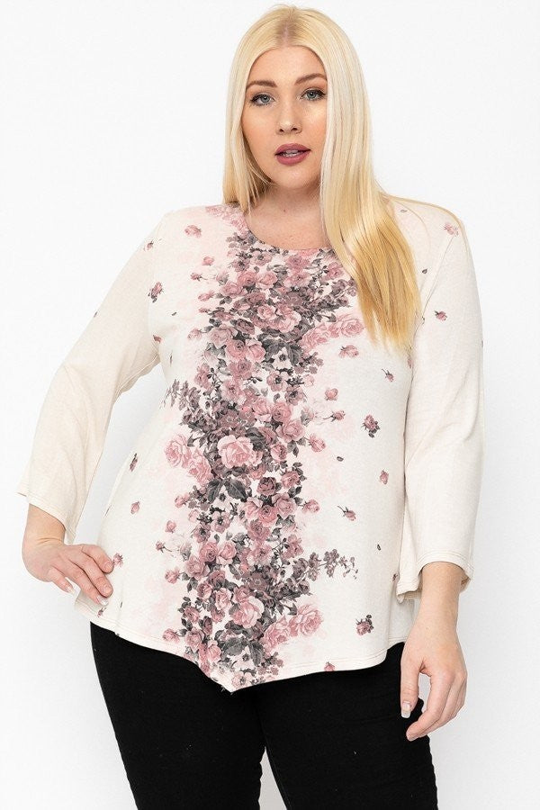 Print Top Featuring A Round Neckline And 3/4 Bell Sleeves - The Hipster Exchange General Store and Trading Post