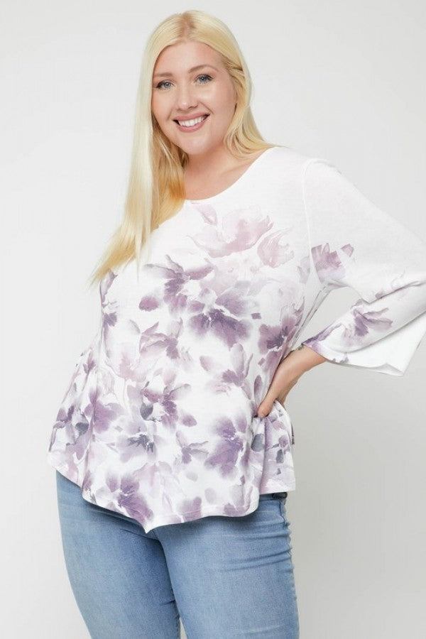 Print Top Featuring A Round Neckline And 3/4 Bell Sleeves - The Hipster Exchange General Store and Trading Post