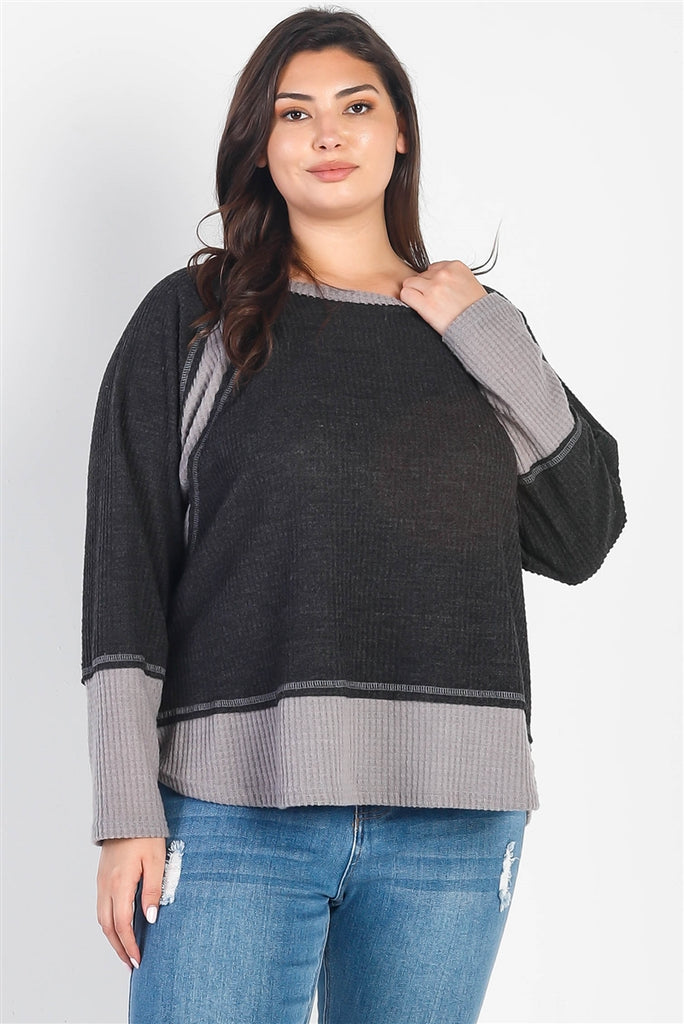 Plus Charcoal & Grey Colorblock Waffle Knit Long Sleeve Top - The Hipster Exchange General Store and Trading Post
