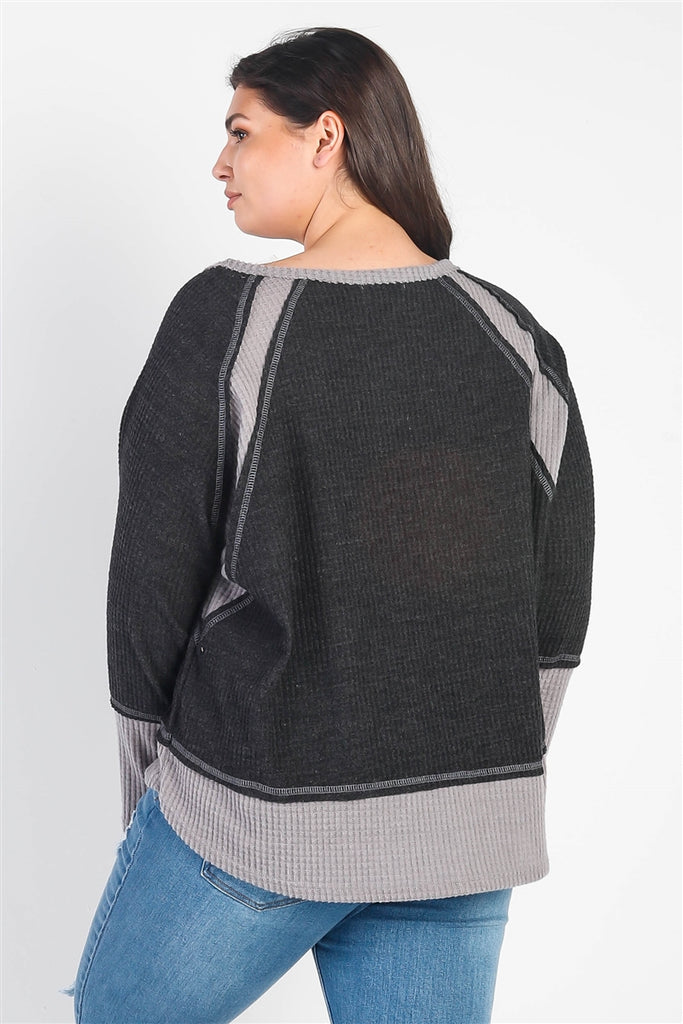 Plus Charcoal & Grey Colorblock Waffle Knit Long Sleeve Top - The Hipster Exchange General Store and Trading Post