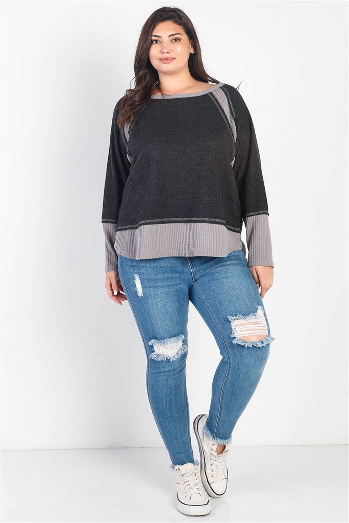 Plus Charcoal & Grey Colorblock Waffle Knit Long Sleeve Top - The Hipster Exchange General Store and Trading Post