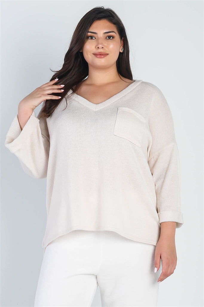 Plus Cream Knit V-neck Pocket Front Top - The Hipster Exchange General Store and Trading Post