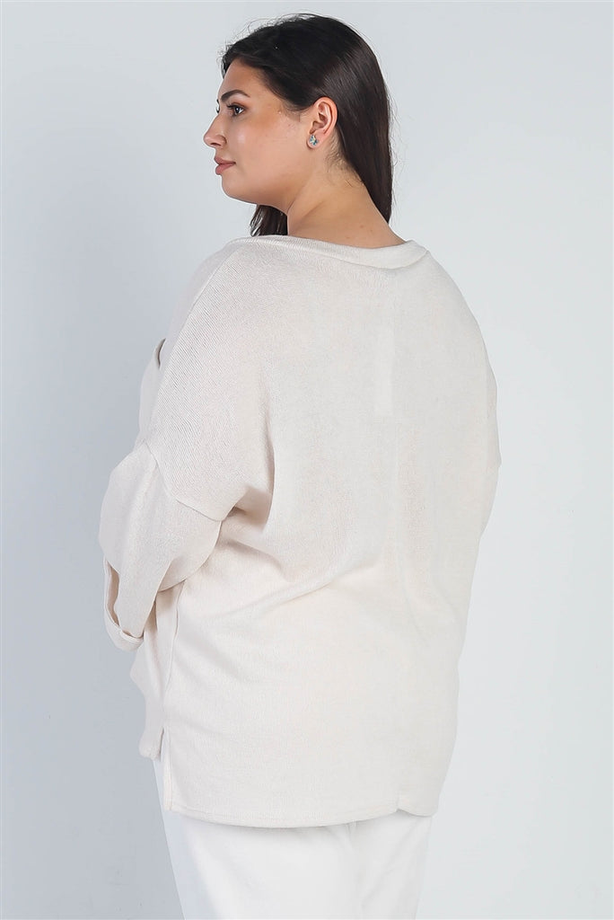 Plus Cream Knit V-neck Pocket Front Top - The Hipster Exchange General Store and Trading Post