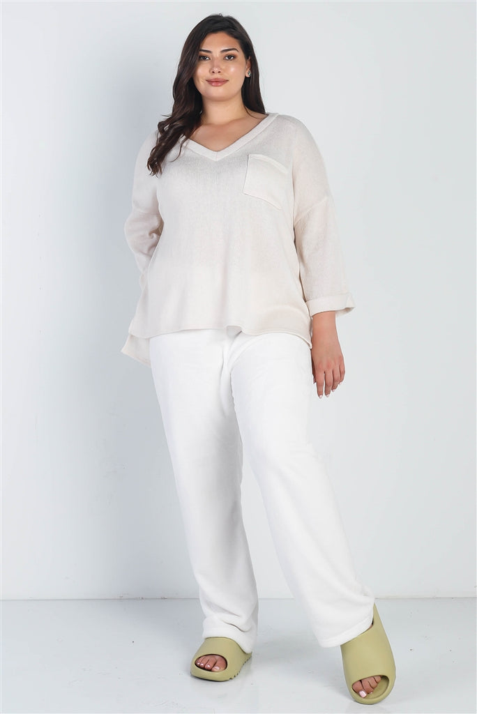 Plus Cream Knit V-neck Pocket Front Top - The Hipster Exchange General Store and Trading Post