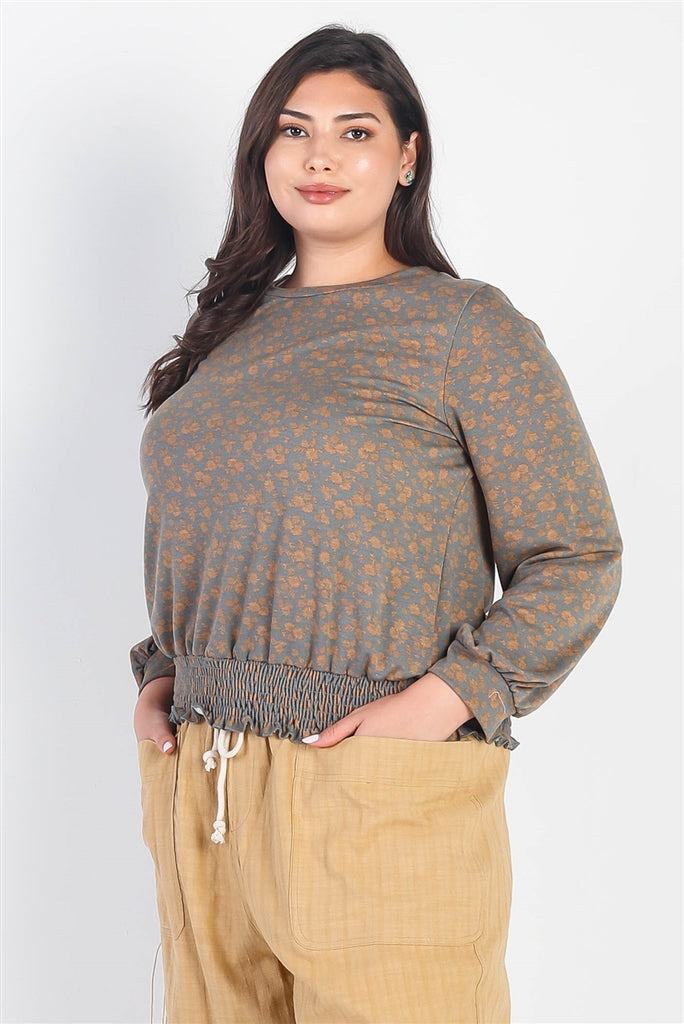 Plus Olive-camel Floral Print Smocked Waist Long Sleeve Top - The Hipster Exchange General Store and Trading Post