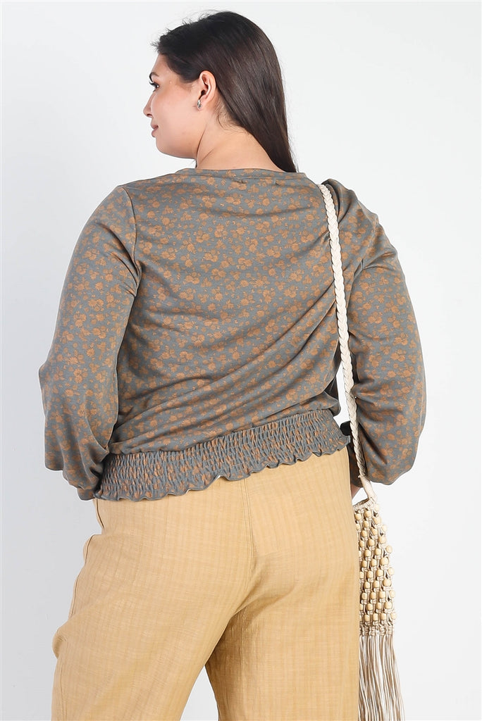 Plus Olive-camel Floral Print Smocked Waist Long Sleeve Top - The Hipster Exchange General Store and Trading Post