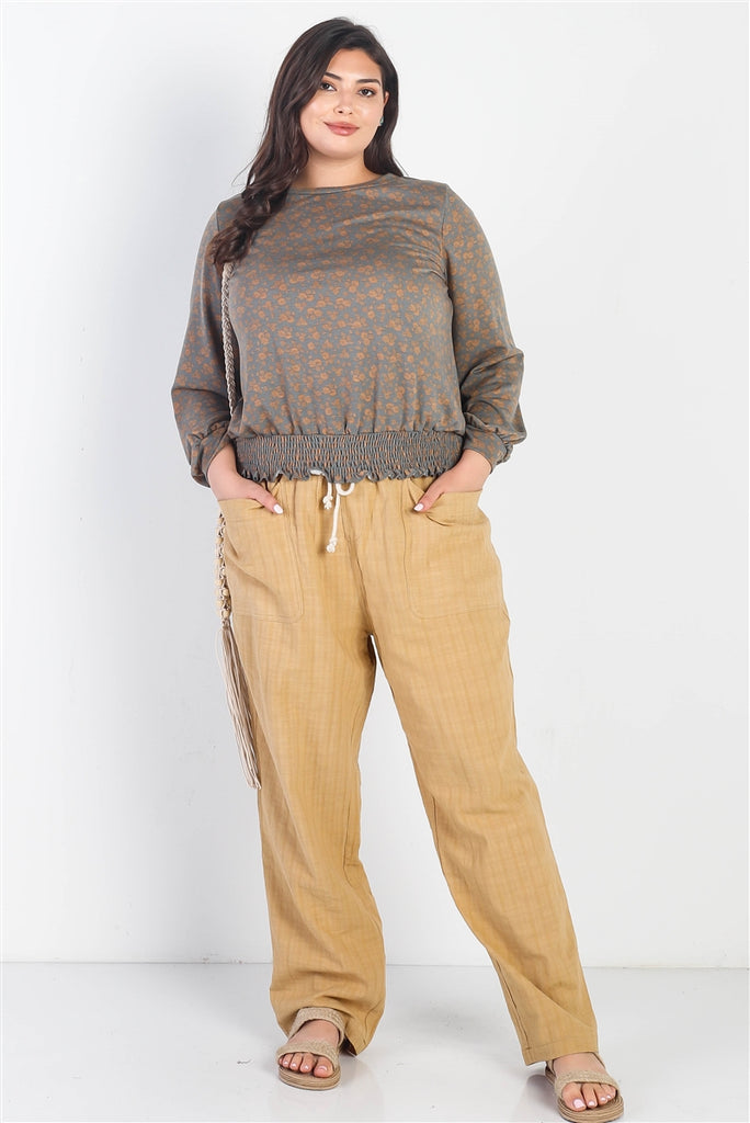 Plus Olive-camel Floral Print Smocked Waist Long Sleeve Top - The Hipster Exchange General Store and Trading Post