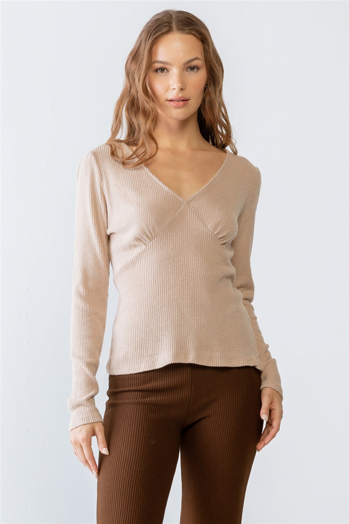 Sand Ribbed V-neck Long Sleeve Soft To Touch Top - The Hipster Exchange General Store and Trading Post