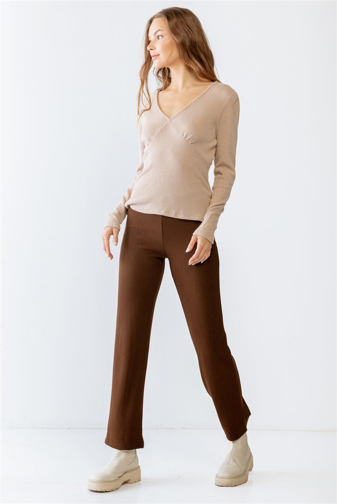 Sand Ribbed V-neck Long Sleeve Soft To Touch Top - The Hipster Exchange General Store and Trading Post