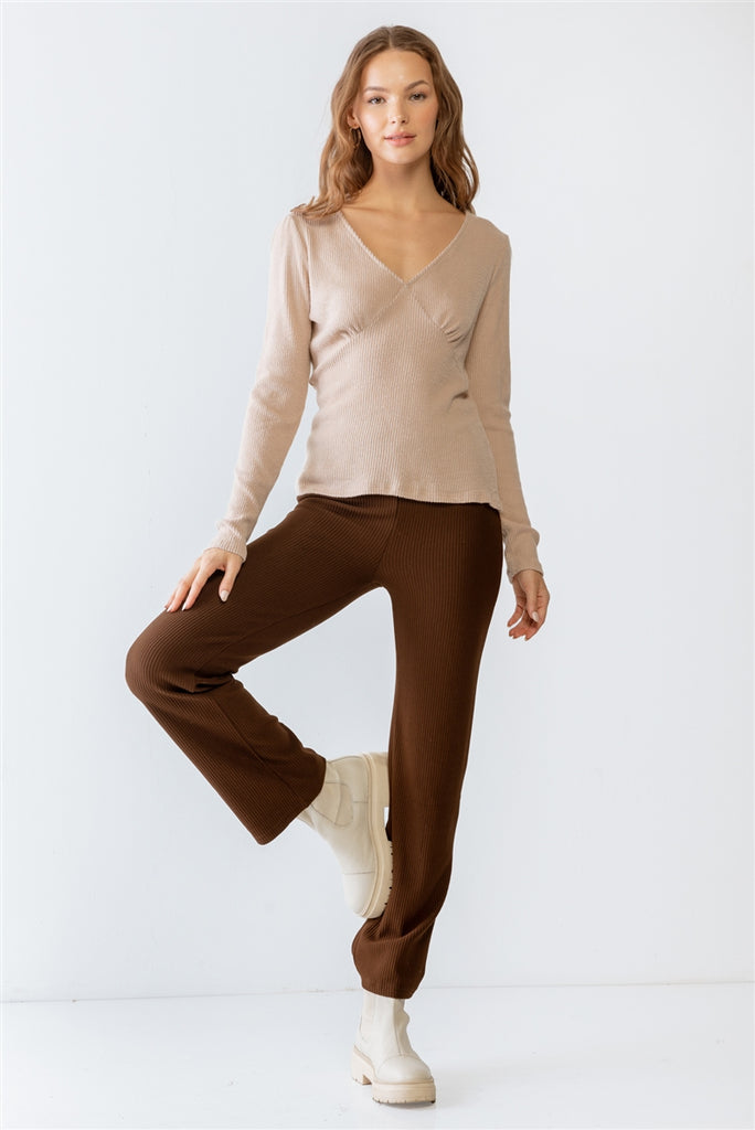 Sand Ribbed V-neck Long Sleeve Soft To Touch Top - The Hipster Exchange General Store and Trading Post