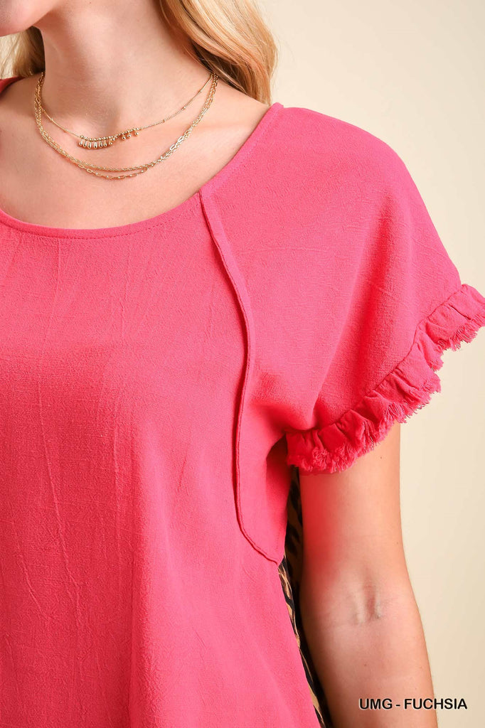 Linen Blend Short Ruffle Sleeve Round Neck Top With Animal Print Scoop Back - The Hipster Exchange General Store and Trading Post