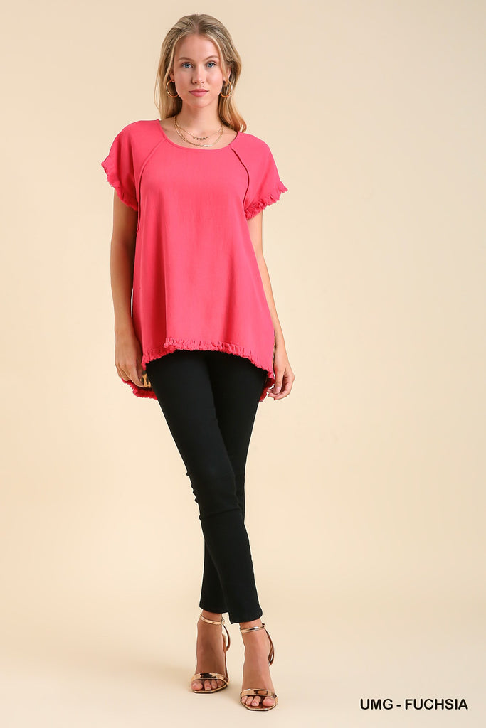 Linen Blend Short Ruffle Sleeve Round Neck Top With Animal Print Scoop Back - The Hipster Exchange General Store and Trading Post