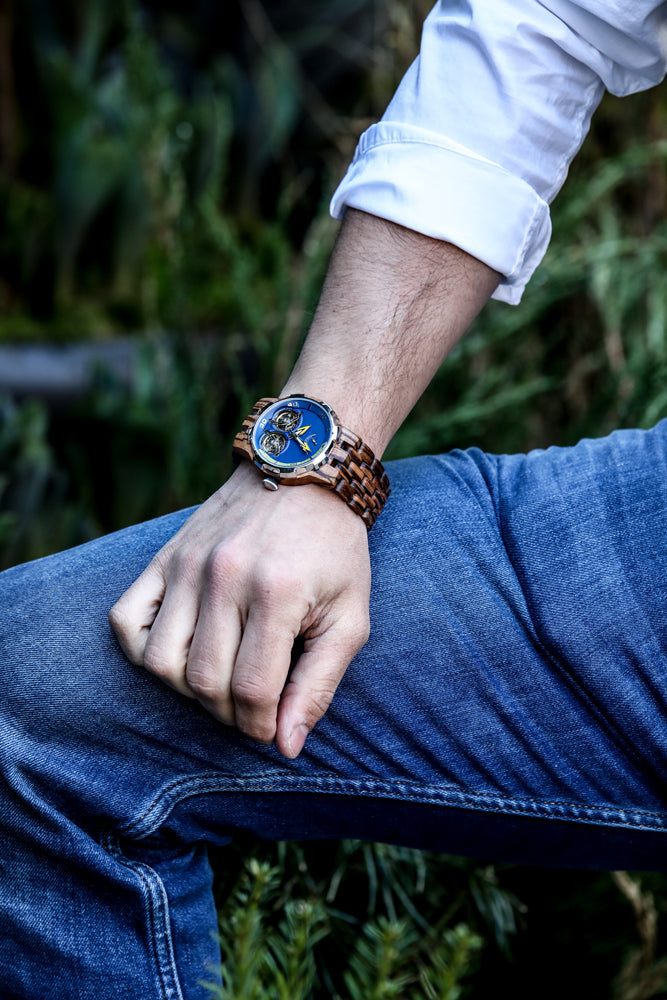 Men's Dual Wheel Automatic Zebra Wood Watch - For High End Watch Collectors - The Hipster Exchange General Store and Trading Post