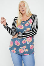 Load image into Gallery viewer, Floral Top Featuring Raglan Style Striped Sleeves And A Round Neck
