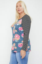 Load image into Gallery viewer, Floral Top Featuring Raglan Style Striped Sleeves And A Round Neck
