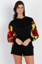 Load image into Gallery viewer, Black &amp; Satin Effect Red &amp; Lime Floral Print Hooded Top &amp; Short Set
