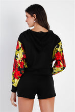 Load image into Gallery viewer, Black &amp; Satin Effect Red &amp; Lime Floral Print Hooded Top &amp; Short Set
