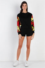 Load image into Gallery viewer, Black &amp; Satin Effect Red &amp; Lime Floral Print Hooded Top &amp; Short Set
